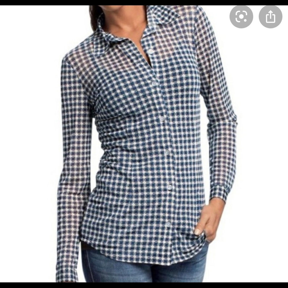 CAbi mesh long sleeve blue sheer blouse